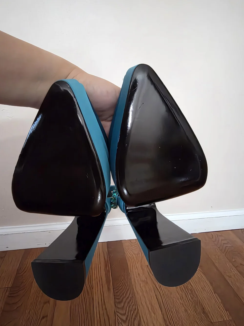 Versace Teal Satin Platform Slingback Heels with Jeweled Anklet